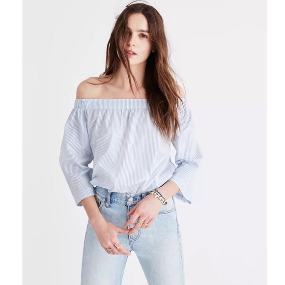 MADEWELL Clean Off-the-Shoulder Blouse Top in Stripe in White / Blue Style G2082 - Picture 2 of 8